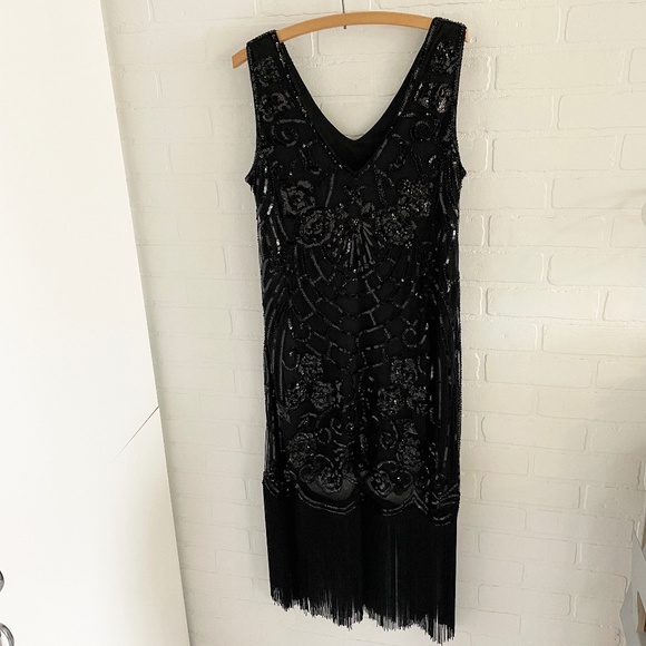 Suzy Shier Formal Dress Swing Art deco Great Gatsby Sequin Fringes Black Sz XL - Picture 6 of 15